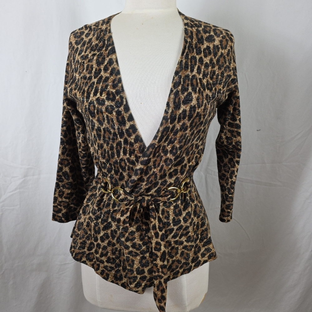 Cache Leopard Print Gold Sparkle Wrap Top Shirt Blouse Womens M Glam MobWife